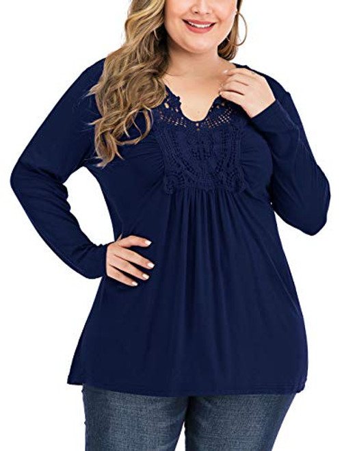 YASAKO Womens Pleated Tops Plus Size V-Neck Lace Blouse Swing T-Shirts Flowy Long Sleeve Casual Tunic Navy Blue 5XL