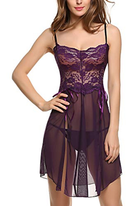 Avidlove Women Lingerie Sexy Chemise Nightgown Lace Babydoll Full Slip Dress Sleepwear Purple Medium