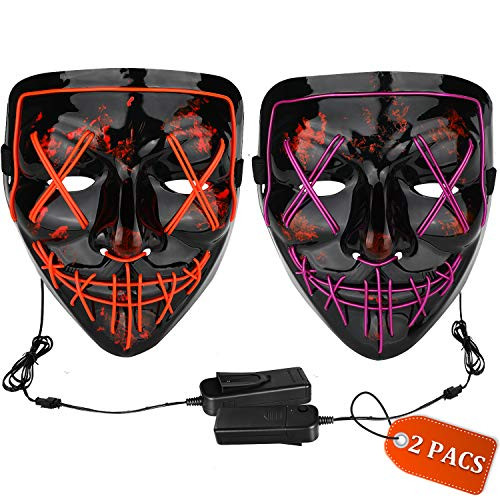Halloween Mask LED Light up Mask  2 Pack  Scary mask for Festival Cosplay Halloween Costume Masquerade Parties Carnival  PurplePlusRed