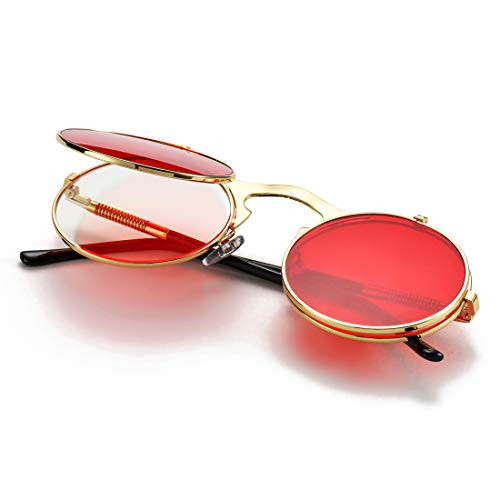 COASION Vintage Round Flip Up Sunglasses for Men Women Juniors John Lennon Style Circle Sun Glasses Gold Frame Red Lens