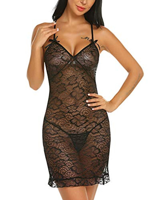 ELOVER Women V-Neck Halter Lingerie Floral Lace Bodice Babydoll Mesh Chemise Nightwear Outfits Sexy Sleepwear Dress Black ELOVER Women V-Neck Halter Lingerie Floral Lace Bodice Babydoll Mesh Chemise Nightwear Outfits Sexy Sleepwear Dress Black