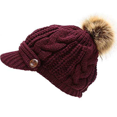 MIRMARU Women's Chunky Winter Soft Cable Knitted Double Layer Visor Beanie Hat with Faux Fur Pom Pom  Plum