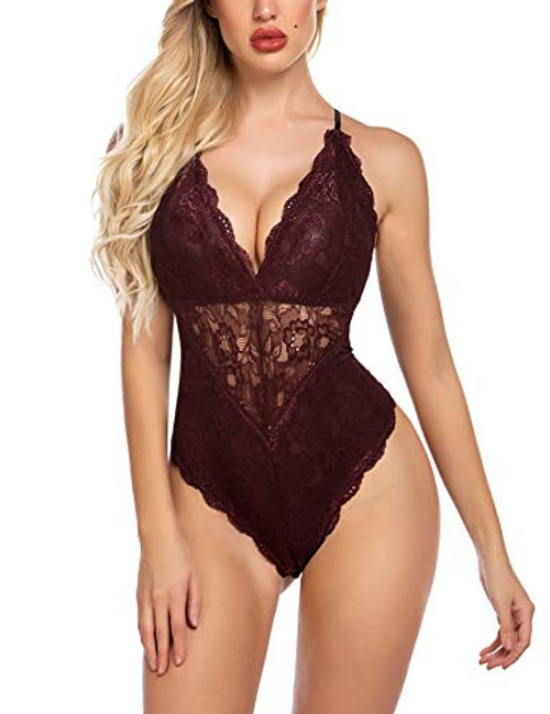 Avidlove Women Snap Crotch Lingerie Sexy Lace Bodysuit Deep V Teddy One Piece Lace Babydoll  Brown  S Avidlove Women Snap Crotch Lingerie Sexy Lace Bodysuit Deep V Teddy One Piece Lace Babydoll  Brown  S