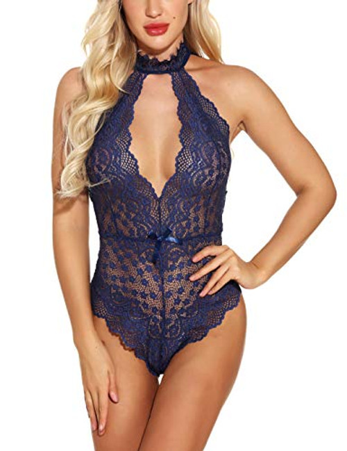 Ababoon Womens Lingerie Lace One Piece Bodysuit Deep V neck Backless Halter Teddy Sexy Sleepwear Blue Ababoon Womens Lingerie Lace One Piece Bodysuit Deep V neck Backless Halter Teddy Sexy Sleepwear Blue