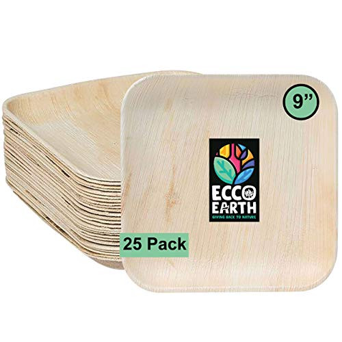 9 inch Square Areca Palm Leaf Disposable Plates  Heavy Duty  Biodegradable  Compostable and Eco Friendly Dinnerware  Environmentally Safe Alternative to Plastic  and  Bamboo plates 25 Pack