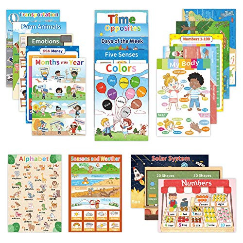 20 Educational Posters for Toddler and Kids  Perfect Learning Charts for Children Preschool Kindergarten Classroom Decorations  Include Alphabet  Numbers  Colors  Shapes and More-16x11 Inch