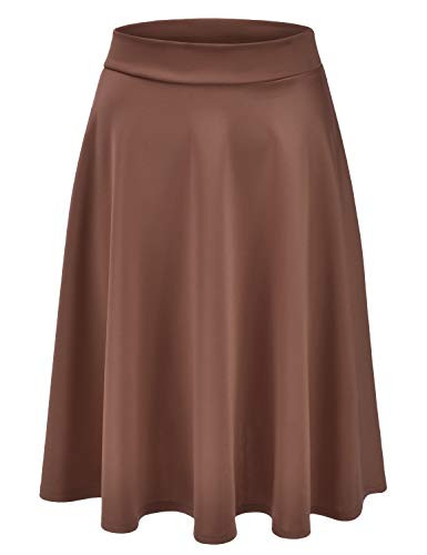 EIMIN Women's Basic Versatile Stretchy Flared Casual Midi Skater Skirt Mocha M