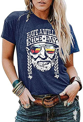 VKEGNIO Have a Willie Nice Day T Shirt Willie Nelson Graphic Tees for Women Summer Casual Vacation Shirts Short Sleeve Tops  Large  Blue