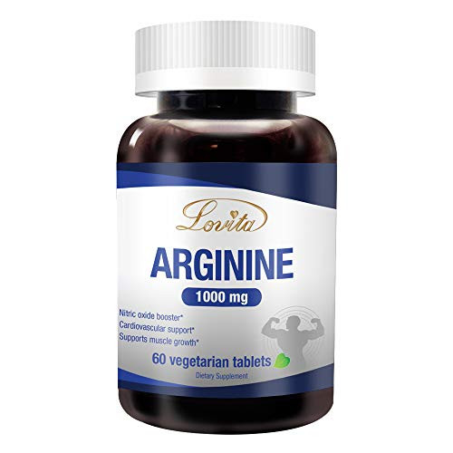 Lovita L-Arginine 1000mg  Fermented Vegan Amino Acid  Nitric Oxide Supplement for Muscle Growth  Vascularity and Energy  60 Vegetarian Tablets