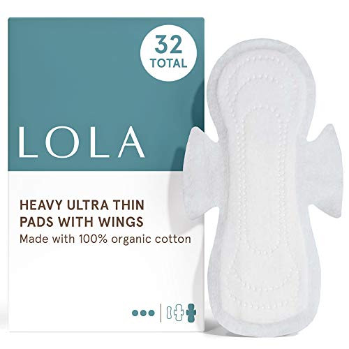 LOLA Ultra Thin Menstrual Pads with Wings  Heavy Flow Absorbency  Organic Cotton Topsheet  and  Core  Unscented  Chlorine Free  Sanitary Napkins for Overnight  Powerful Leak Protection - Heavy  32 Count
