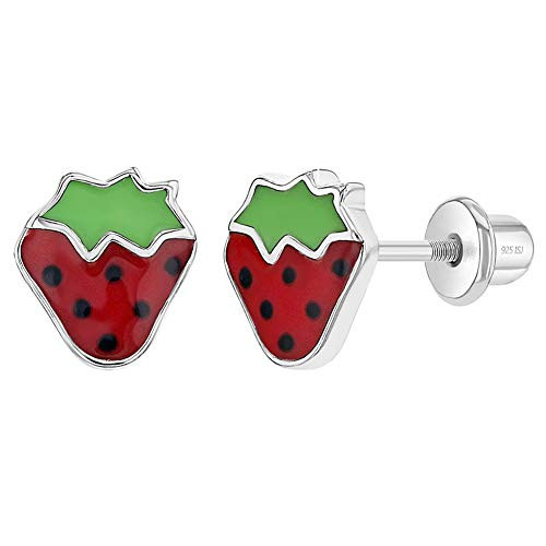 925 Sterling Silver Girl's Enameled Red Strawberry Screw Back Earrings for Kids - Daily Use Children's Earring for Toddlers  and  Young Girls