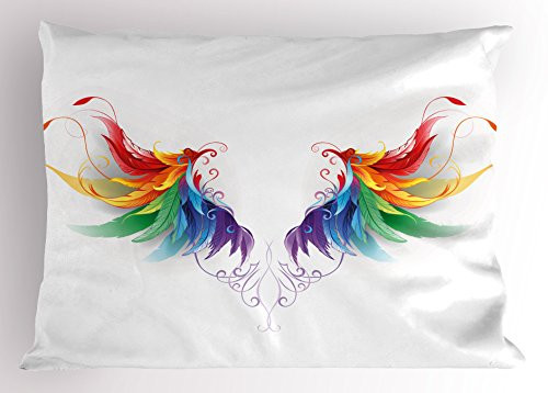 Ambesonne Rainbow Pillow Sham  Realistic Looking Feathers in Rainbow Color Forming Wings Flight Angels Symmetrical  Decorative Standard Size Printed Pillowcase  26" X 20"  Red Purple