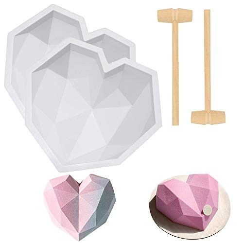 2PCS Diamond Heart Shape Silicone Cake Mold Chocolate Mousse Dessert Baking Pan Silicone Fondant Mold with 2 Mini Wooden Hammers for Home Kitchen DIY Baking Tools  White