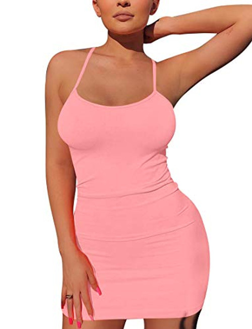 Mizoci Women's Basic Spaghetti Strap Tank Dress Sexy Sleeveless Bodycon Mini Club Dress Small Pink