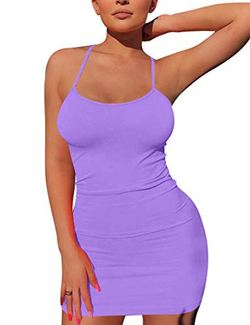 Mizoci Women's Basic Spaghetti Strap Tank Dress Sexy Sleeveless Bodycon Mini Club Dress X-Small Purple