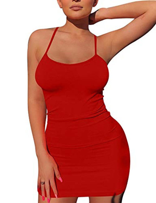 Mizoci Women's Basic Spaghetti Strap Tank Dress Sexy Sleeveless Bodycon Mini Club Dress Small Red