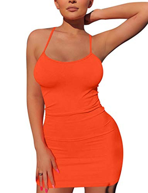 Mizoci Women's Basic Spaghetti Strap Tank Dress Sexy Sleeveless Bodycon Mini Club Dress Large Orange