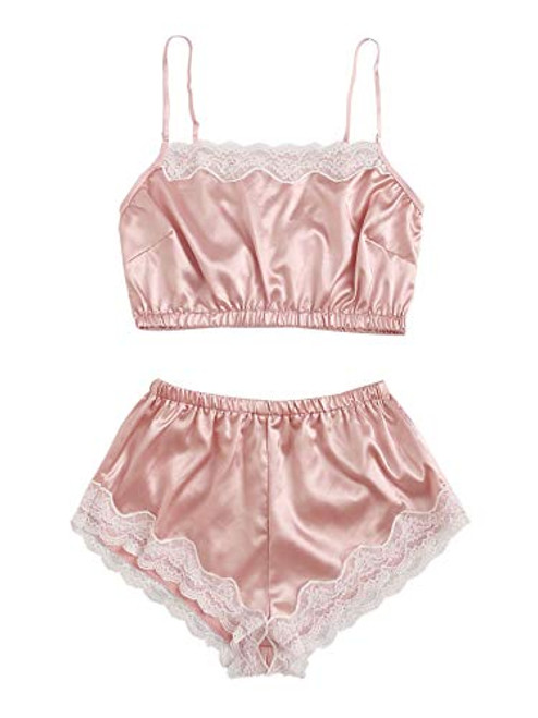 SheIn Women's Sleepwear Sexy Lace Trim Lingerie Satin Pajamas Cami Shorts Set Pink Large