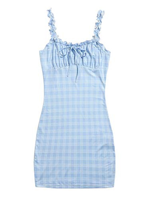 Verdusa Women's Sleeveless Plaid Tie Front Ruched Bust Bodycon Short Dress Blue M