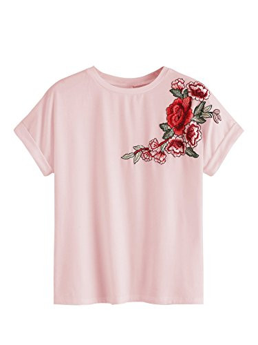 Romwe Women's Floral Embroidery Cuffed Short Sleeve Casual Tees T-Shirt Tops Pink L