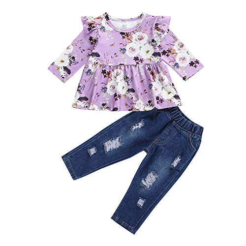 Toddler Baby Girls Fall Winter Clothes Ruffle Floral Long Sleeve Shirt Top Ripped Jean Denim Pants Outfit Set Purple 12-18M Toddler Baby Girls Fall Winter Clothes Ruffle Floral Long Sleeve Shirt Top Ripped Jean Denim Pants Outfit Set Purple 12-18M