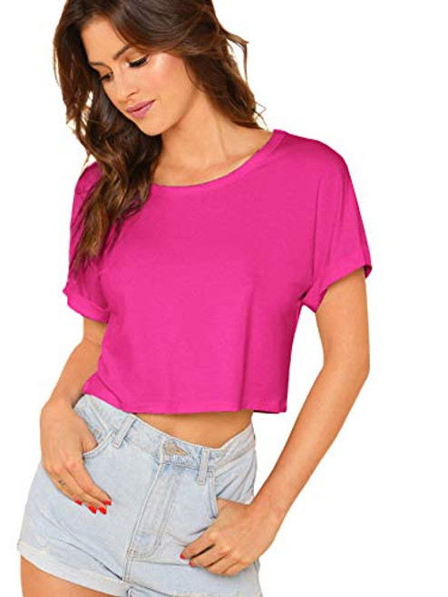 SweatyRocks Women's Casual Round Neck Short Sleeve Soild Basic Crop Top T-Shirt Hot Pink Small