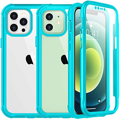 SPIDERCASE Compatible with iPhone 12 Compatible with iPhone 12 Pro  Protective Case with Built-in Screen Protector  Teal Clear