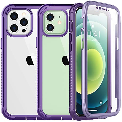 SPIDERCASE Compatible with iPhone 12 Compatible with iPhone 12 Pro  Protective Case with Built-in Screen Protector  Purple Clear
