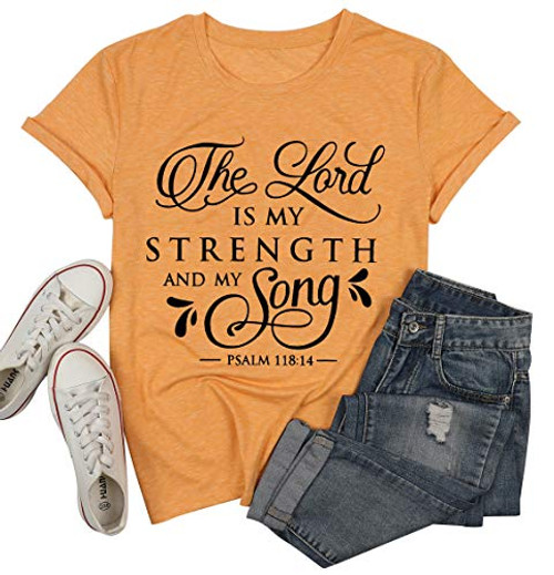 UNIQUEONE The Lord is My Strength and My Song T-Shirt Women Short Sleeve Letter Print Funny Casual Tee Blouse Orange