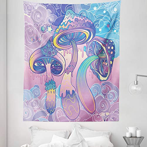 Lunarable Mushroom Tapestry Twin Size  Trippy Drawing Hippie Design Sixties Visionary Psychedelic Shamanic  Wall Hanging Bedspread Bed Cover Wall Decor  68" X 88"  Pink Purple