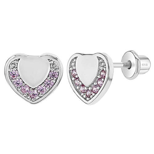 925 Sterling Silver Young Girl's Pink Cubic Zirconia Heart Screw Back Earrings Beautiful Heart Stud for Kids and Pre Teens- Pink CZ Heart Screw Back Locking for Children 925 Sterling Silver Young Girl's Pink Cubic Zirconia Heart Screw Back Earrings Beautiful Heart Stud for Kids and Pre Teens- Pink CZ Heart Screw Back Locking for Children