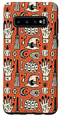 Galaxy S10 Halloween Witch Hat Pumpkin Broomstick Design Orange Phone Case