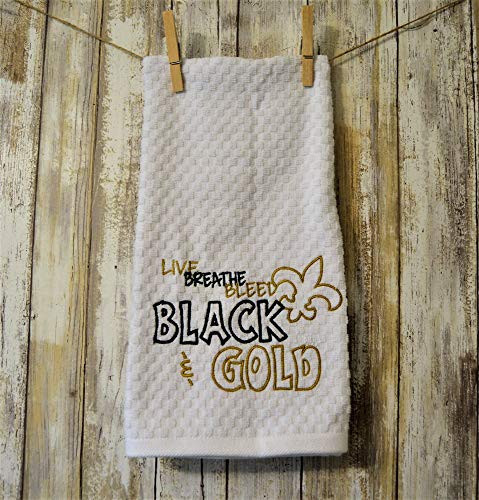 Embroidered White Kitchen Towel Fleur-De-Lis Black and Gold Football