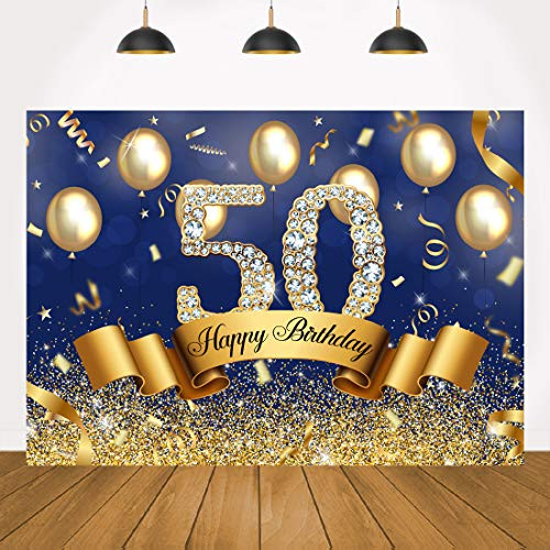 Happy 50th Birthday Backdrop Blue and Gold Glitter Balloon Diamonds Photography Background Shiny Adult Men Fifty Years Old Age Birthday Party Decorations Supplies Photo Banner Photobooth Props 7x5ft