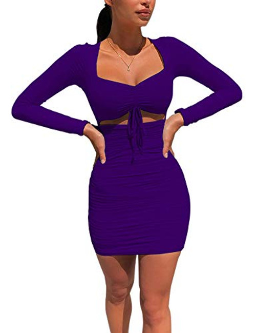 Zaoqee Women's Sexy Bodycon Cut Out Party Dress Long Sleeve Ruched Mini Club Dress Darkorchid M