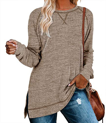 LERUCCI Womens Casual Sweatshirt Long Sleeve Loose Fall Pullover Side Split Tunic Tops Brown Medium