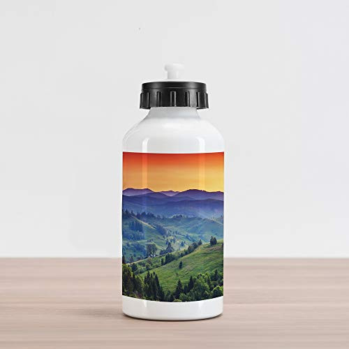 Lunarable Mountain Aluminum Water Bottle  Colorful Sunset in European Countryside Landscape Rural Trees Greenery  Aluminum Insulated Spill-Proof Travel Sports Water Bottle  Orange Green Blue