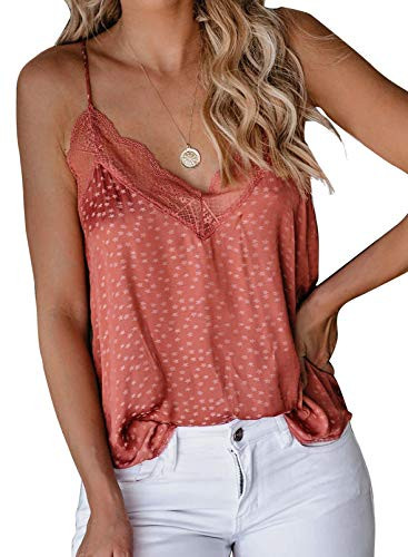 Eytino Women Halter Tank Tops Lace V Neck Sleeveless Cami Shirts Blouses Medium Orange