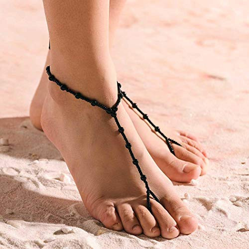 Aularso Wedding Sandals Anklet Pearl Barefoot Sandals Ankle Bracelets Ring Foot Chain Beach Feet Jewelry for Women and Girls  Black   2PCS Aularso Wedding Sandals Anklet Pearl Barefoot Sandals Ankle Bracelets Ring Foot Chain Beach Feet Jewelry for Women and Girls  Black   2PCS