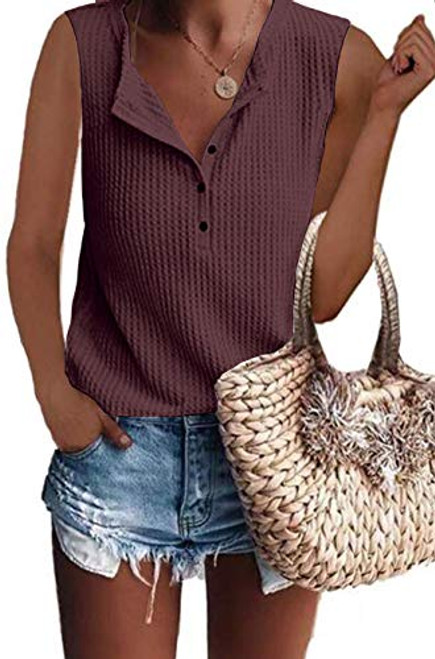 Womens Summer Tops V Neck Sleeveless Waffle Knit Casual Tank Tops Brickred L