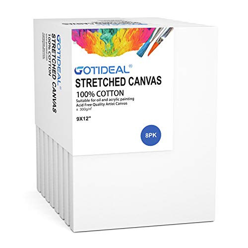 GOTIDEAL Stretched Canvas  9x12" Inch Set of 8  Primed White - 100% Cotton Artist Canvas Boards for Painting  Acrylic Pouring  Oil Paint Dry  and  Wet Art Media GOTIDEAL Stretched Canvas  9x12" Inch Set of 8  Primed White - 100% Cotton Artist Canvas Boards for Painting  Acrylic Pouring  Oil Paint Dry  and  Wet Art Media