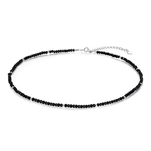 Lantine 13Inches Black Beaded Choker Necklaces for Women 6mm 925 Sterling Silver Chain