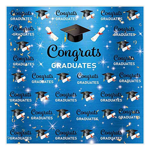 Allenjoy 6x6ft Congrats Grad Backdrop Class of 2021 Blue Style Glitter White and Black Graduation Cap Photography Background for Celebration Prom Party Decor Congratulation Banner Photo Booth Props