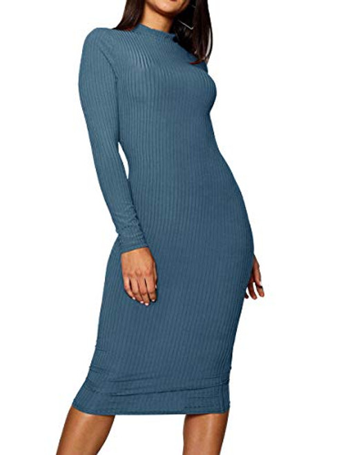 MISFONDLE Women's Sexy Ribbed Turtleneck Long Sleeve Bodycon Knit Midi Pencil Club Dress Blue MISFONDLE Women's Sexy Ribbed Turtleneck Long Sleeve Bodycon Knit Midi Pencil Club Dress Blue