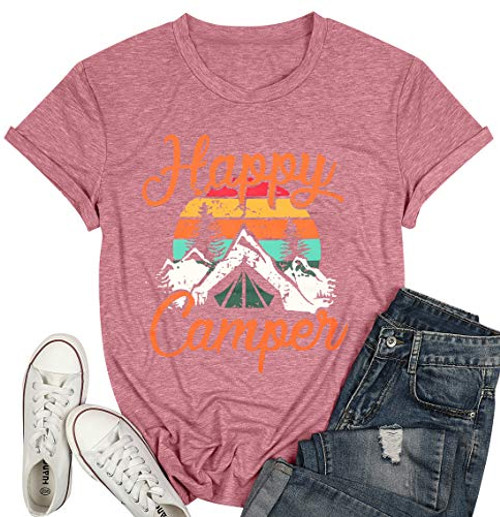 Happy Camper Shirt Women Funny Cute Graphic Tee Short Sleeve Letter Print Casual T Shirts Purple Pink Medium Happy Camper Shirt Women Funny Cute Graphic Tee Short Sleeve Letter Print Casual T Shirts Purple Pink Medium