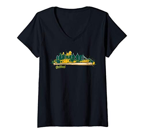 Womens Oakland Baseball Bat Paint Splat City Skyline Fan V-Neck T-Shirt Womens Oakland Baseball Bat Paint Splat City Skyline Fan V-Neck T-Shirt