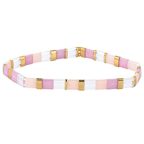KELITCH Simple Friendship Stretch Bracelet Handmade Tila Beaded String Strand Bracelet Fashion Charm Jewelry Gift for Women  Pink Purple-2