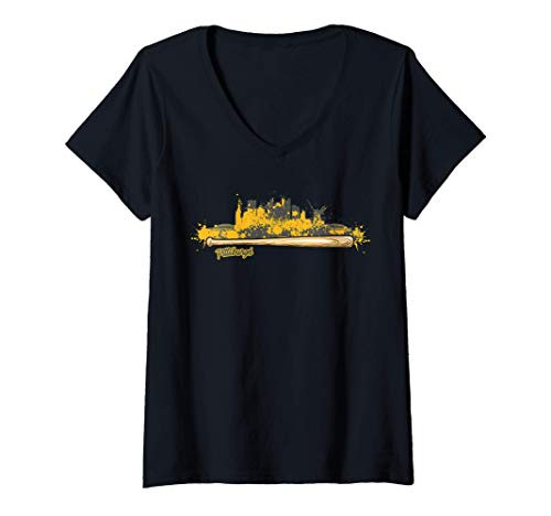 Womens Pittsburgh Baseball Bat Paint Splat City Skyline Fan V-Neck T-Shirt Womens Pittsburgh Baseball Bat Paint Splat City Skyline Fan V-Neck T-Shirt