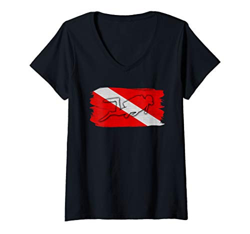 Womens Diver Down Diver Gift Paint Brush Scuba Diving Flag V-Neck T-Shirt