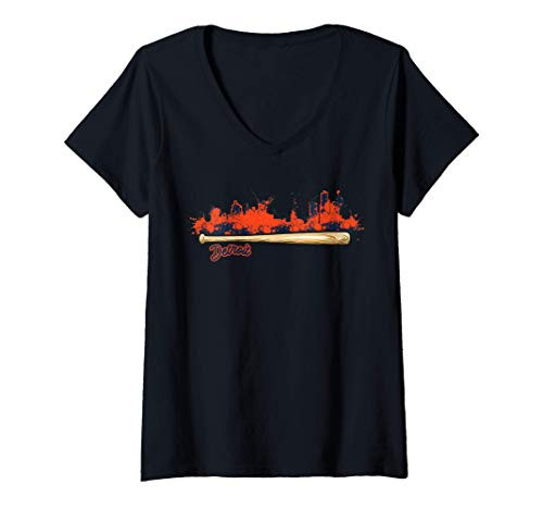 Womens Detroit Baseball Bat Paint Splat City Skyline Fan V-Neck T-Shirt Womens Detroit Baseball Bat Paint Splat City Skyline Fan V-Neck T-Shirt